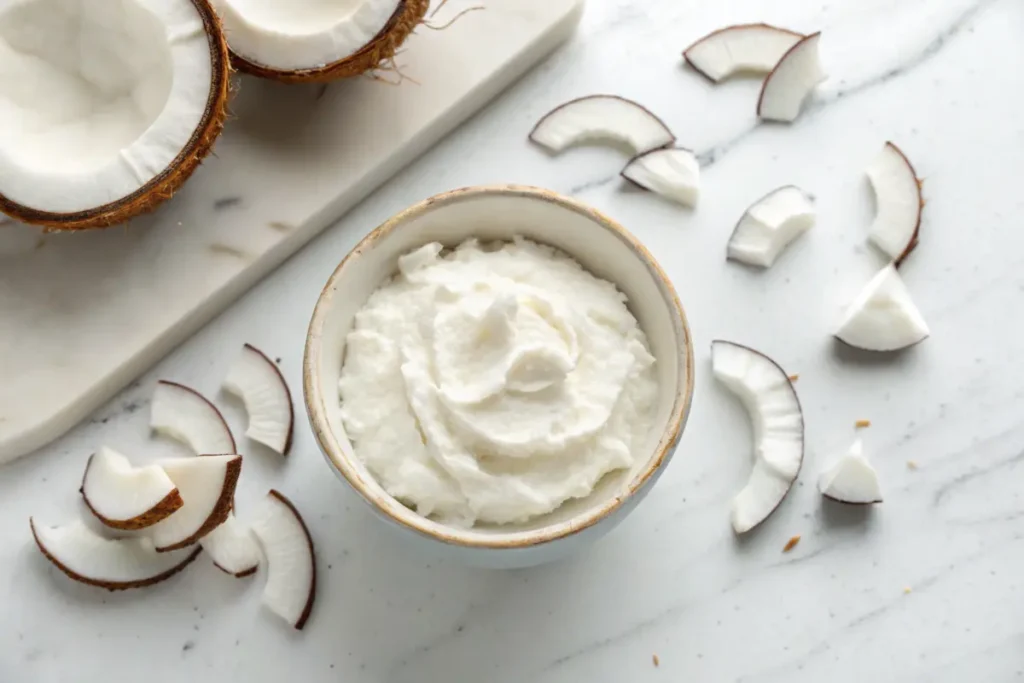 Fresh coconut cream in a bowl surrounded by coconut slices