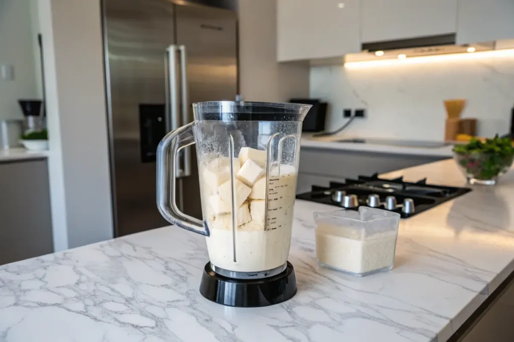 Blender filled with tofu and milk mixture, a vegan substitute for heavy cream