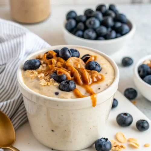 Blended overnight oats with peanut butter drizzle
