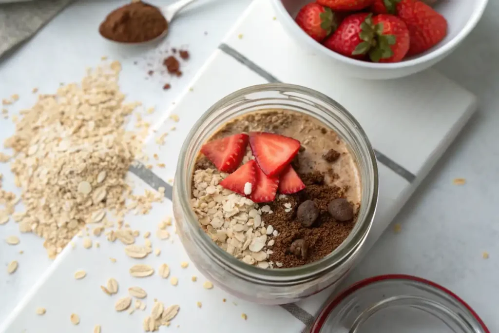 A jar of chocolate blended overnight oats topped with sliced strawberries, rolled oats, cocoa powder, and chocolate chips