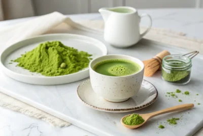 A cup of freshly brewed Green tea with matcha, surrounded by matcha powder on a plate.