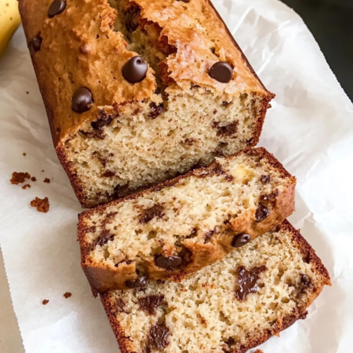 A freshly baked loaf of cottage cheese banana bread topped with sliced bananas and chocolate chunks.