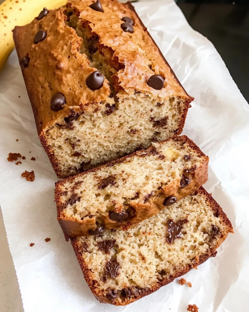 A freshly baked loaf of cottage cheese banana bread topped with sliced bananas and chocolate chunks.
