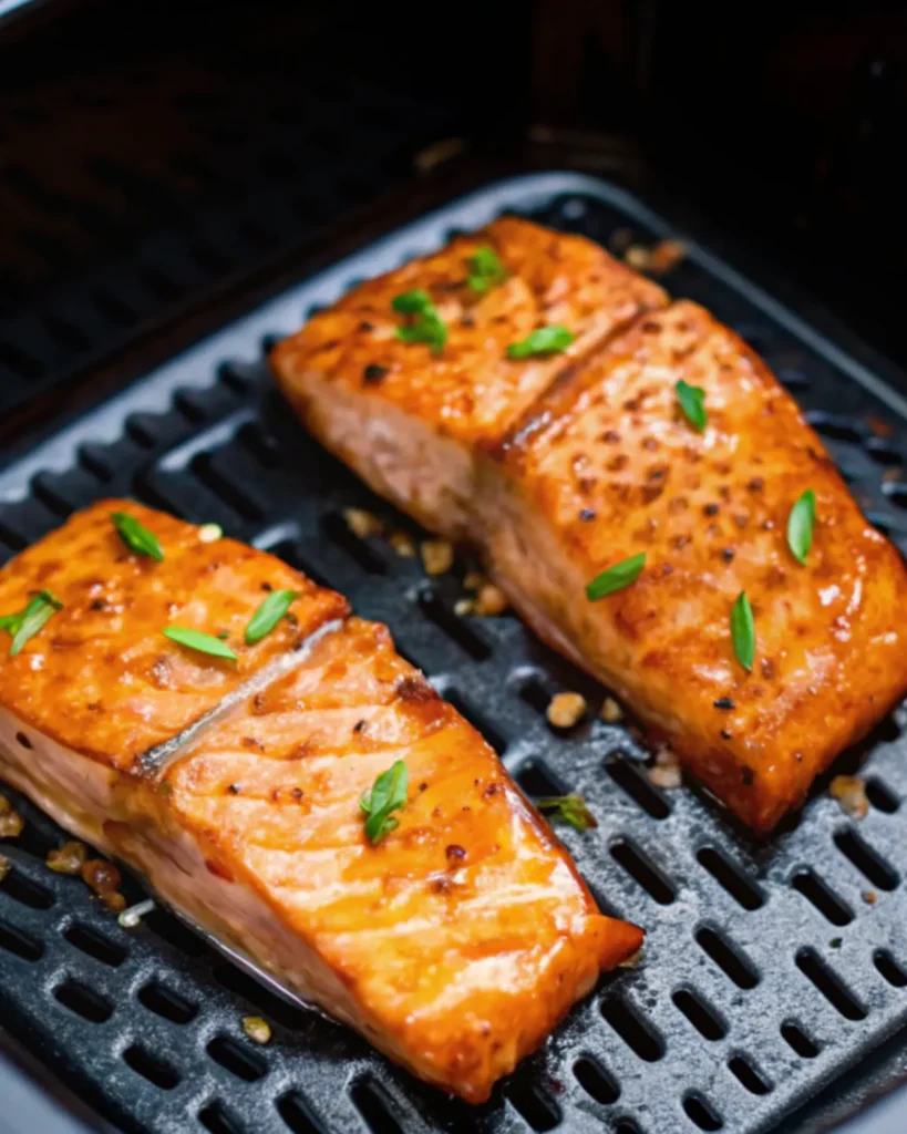 Perfectly cooked salmon fillets in an air fryer basket with a golden, crispy exterior.