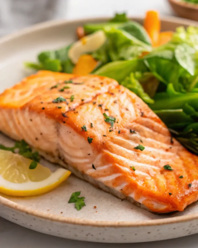 Air-fried salmon fillet served with a fresh green salad and lemon wedge on a white plate.