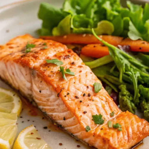 Air-fried salmon with carrots and greens, garnished with parsley on a ceramic plate.