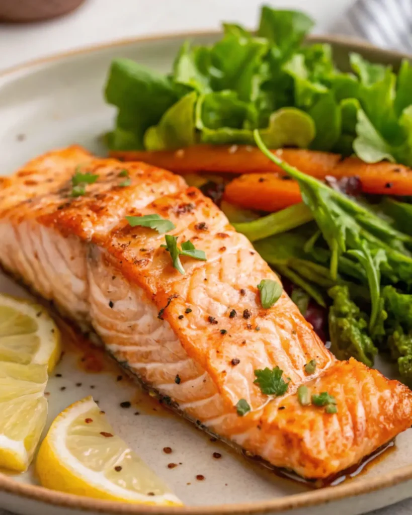 Air-fried salmon with carrots and greens, garnished with parsley on a ceramic plate.