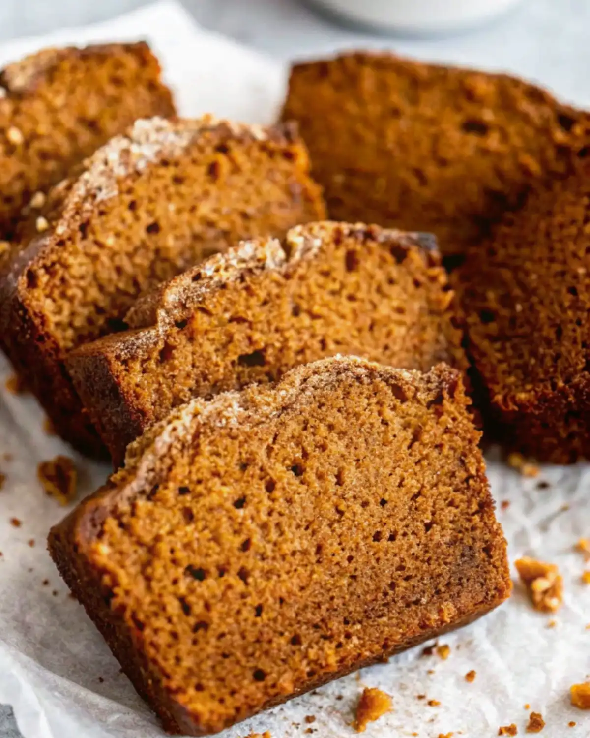 Closeup of sliced gluten free pumpkin bread