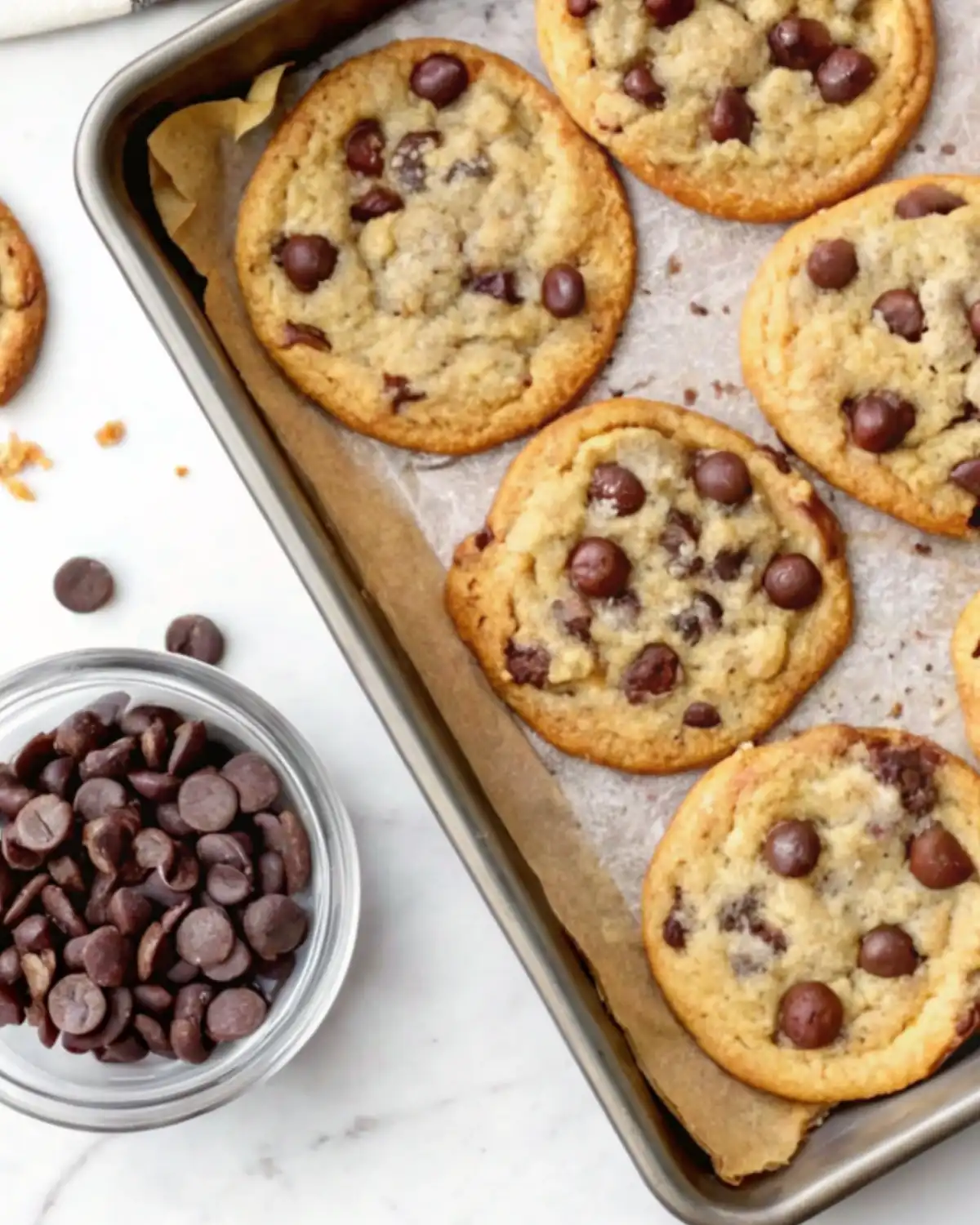 Tray of baked small batch chocolate chip cookies
