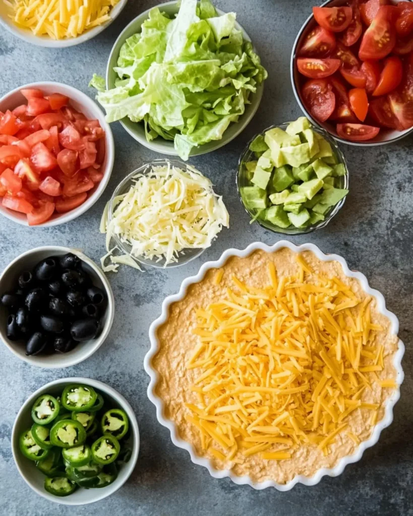 Taco dip ingredients with cheese and veggies