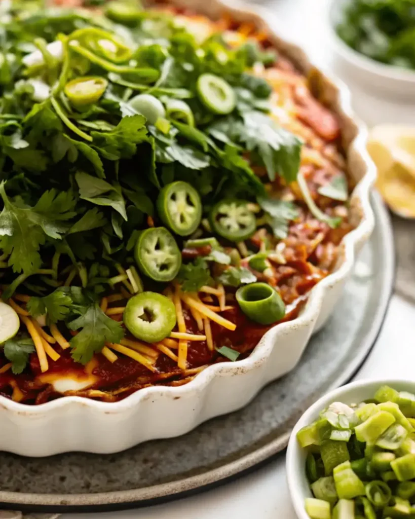 Taco dip topped with cilantro, jalapeños, and shredded cheese in a white dish.
