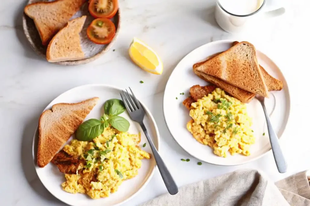 Two plates of vegan scrambled eggs with toast