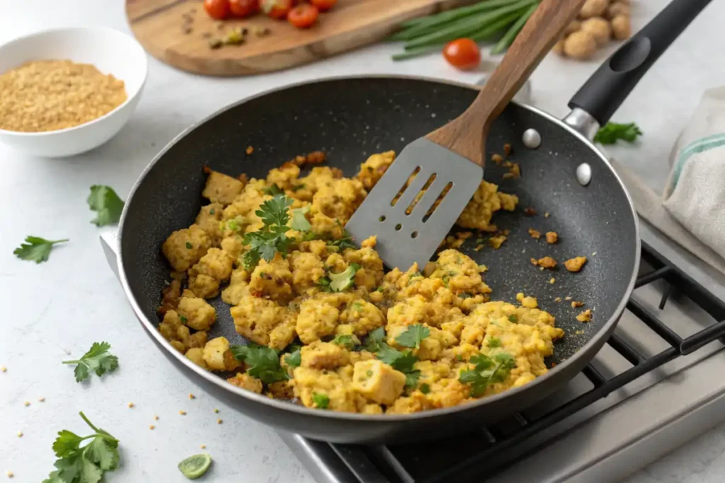 Pan-cooked vegan scrambled eggs with herbs