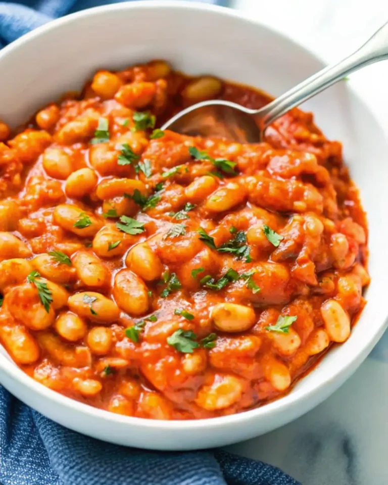 A bowl of baked beans recipe garnished with parsley