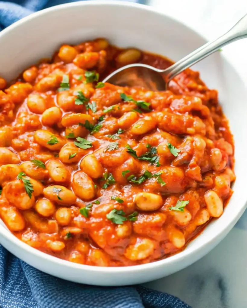A bowl of baked beans recipe garnished with parsley