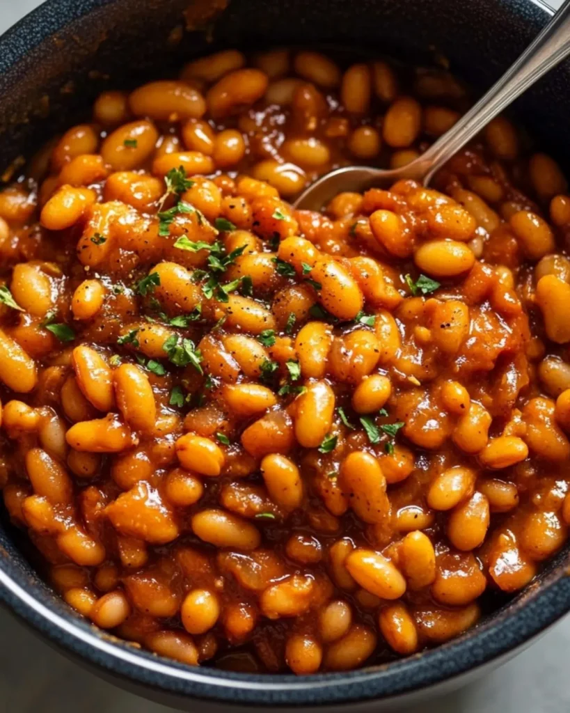 Baked beans recipe in a dish with a spoon, topped with parsley